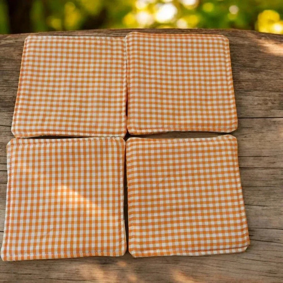Fabric Coasters, Set Of 4, Reversible Sunflowers and Orange Gingham - Picture 6 of 7